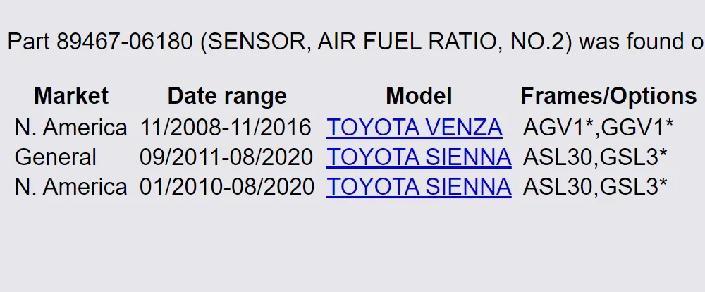 Sensor de oxígeno WEIDA AUTO PARTS con referencia 89467-06180