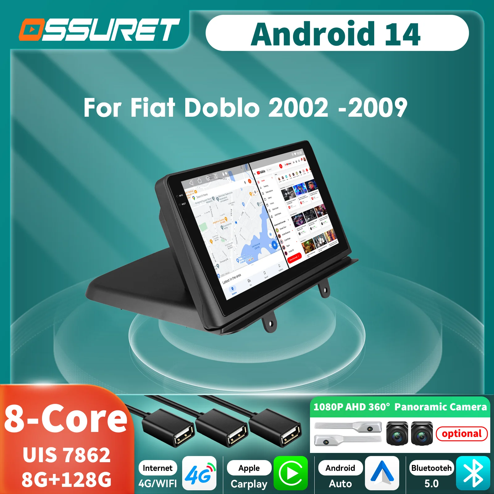 Autoradio 2DIN CarPlay Android Auto para Fiat Doblo 2002-2009 GPS