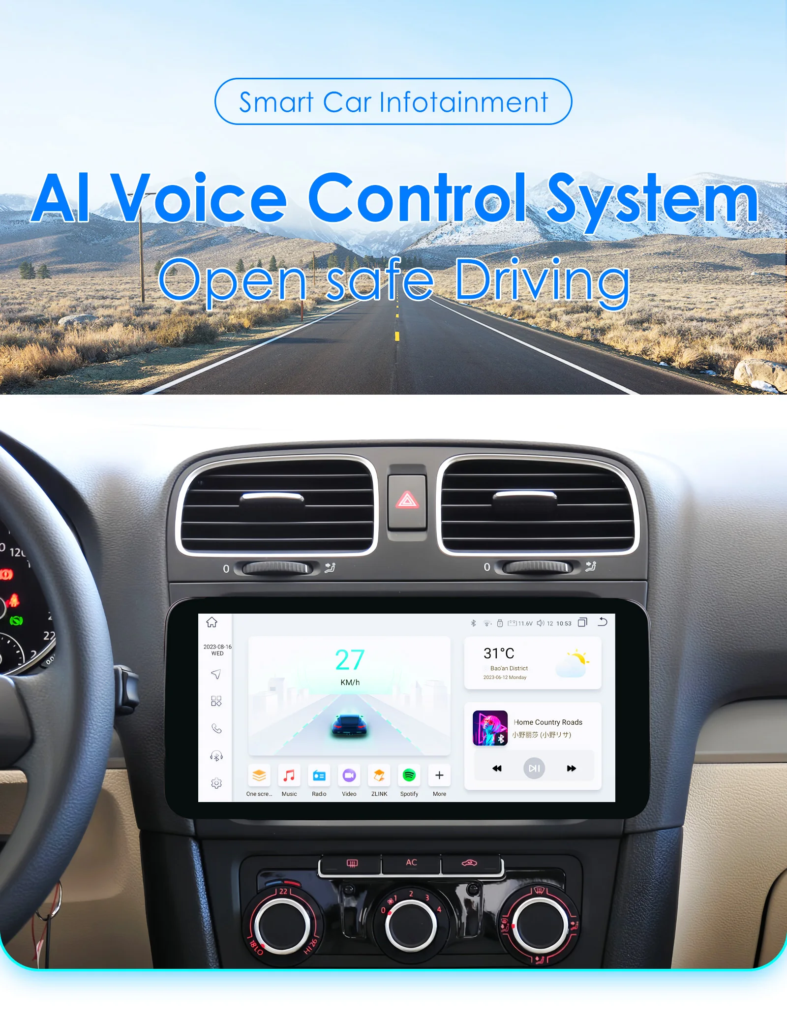 Vista frontal de la radio 10.33 Android 12 para Volkswagen