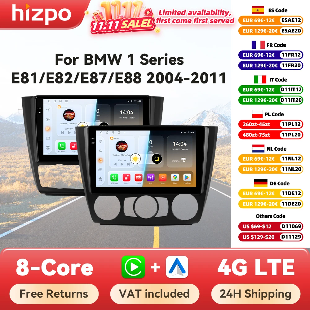 Radio multimedia Android 14 Hizpo para BMW Serie 1 E87 con CarPlay