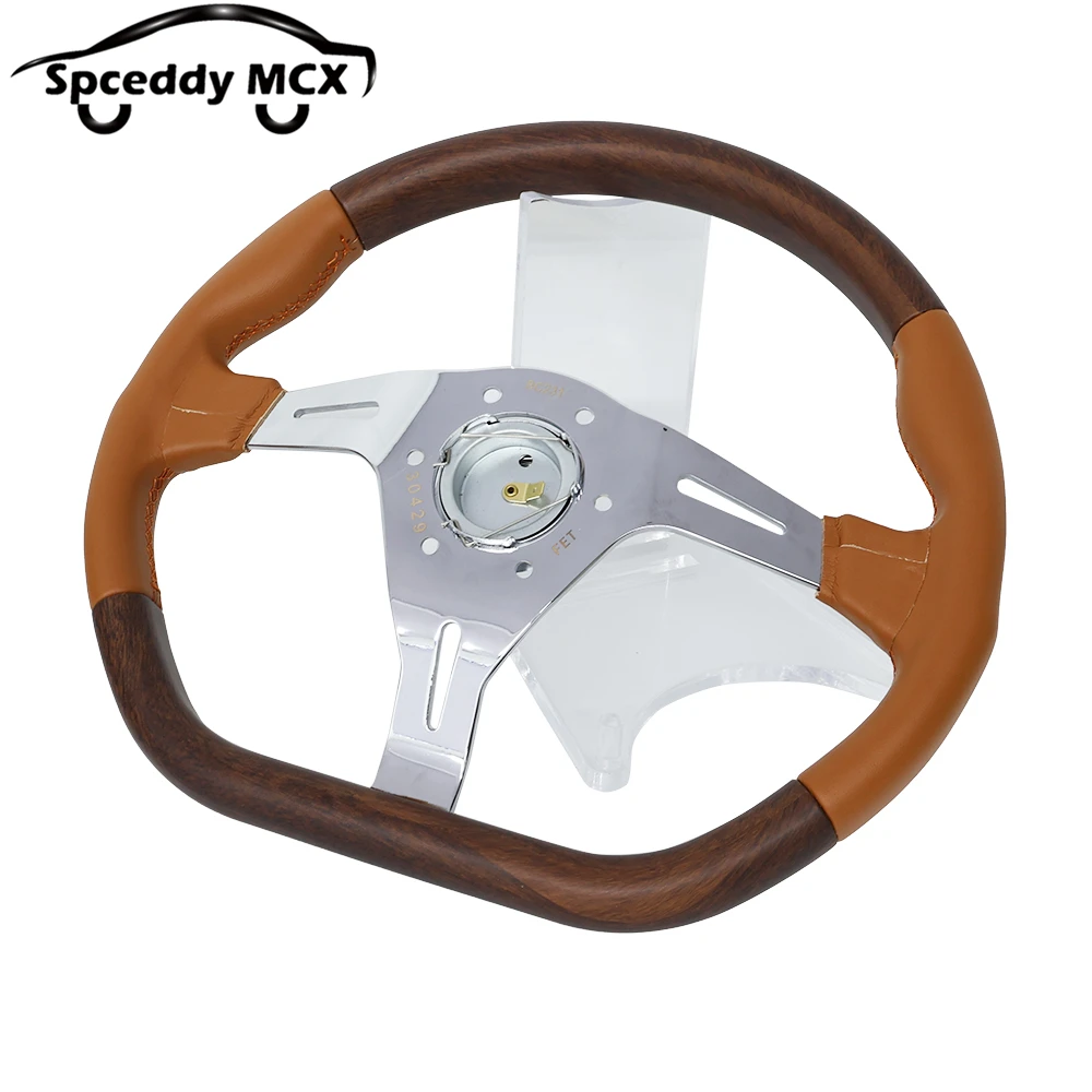 Volante deportivo forma D de 350 mm con acabado madera y cuero marrón - imagen 5
