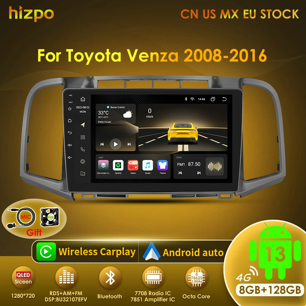 Hizpo Radio Android 12 GPS CarPlay Toyota Venza 2008-2016