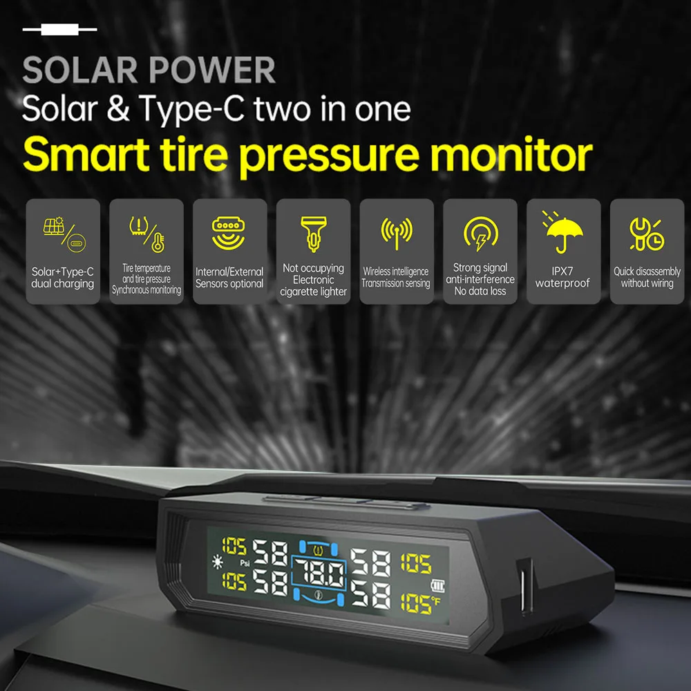TPMS solar USB con alarma y pantalla de temperatura coche universal - imagen 2