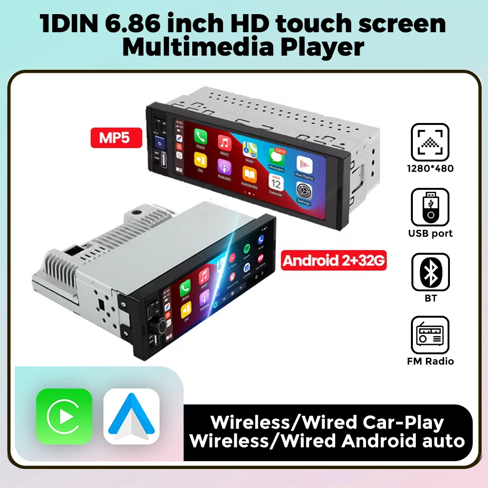 MEKEDE Radio 1 DIN con pantalla de 6,86 pulgadas, CarPlay y Android Auto