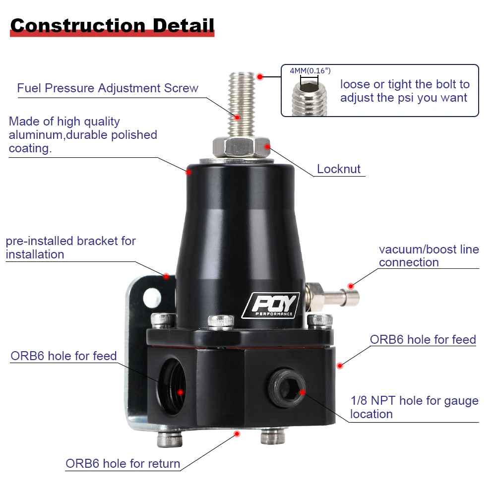 WLR - Regulador de presión de combustible negro universal con manómetro de aceite blanco 3 piezas Accesorios AN6 30-70 PSI WLR7845 - imagen 4