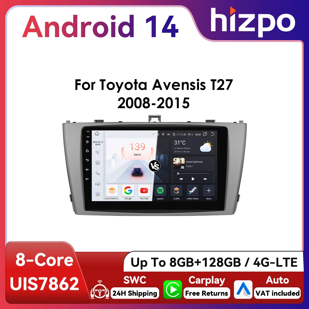 Hizpo reproductor 9'' GPS Android Auto CarPlay Toyota Avensis T27