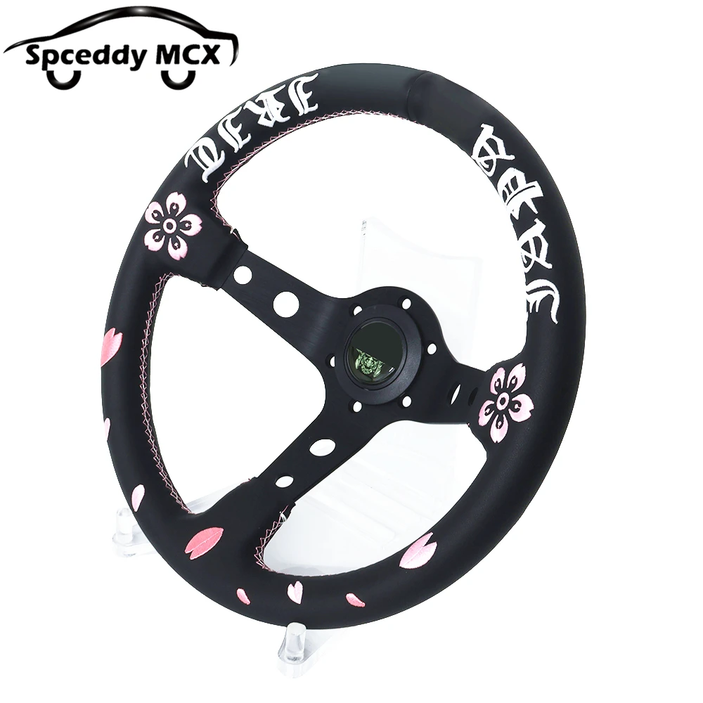 Volante JDM cuero real plato profundo bordado flor de cerezo - imagen 3