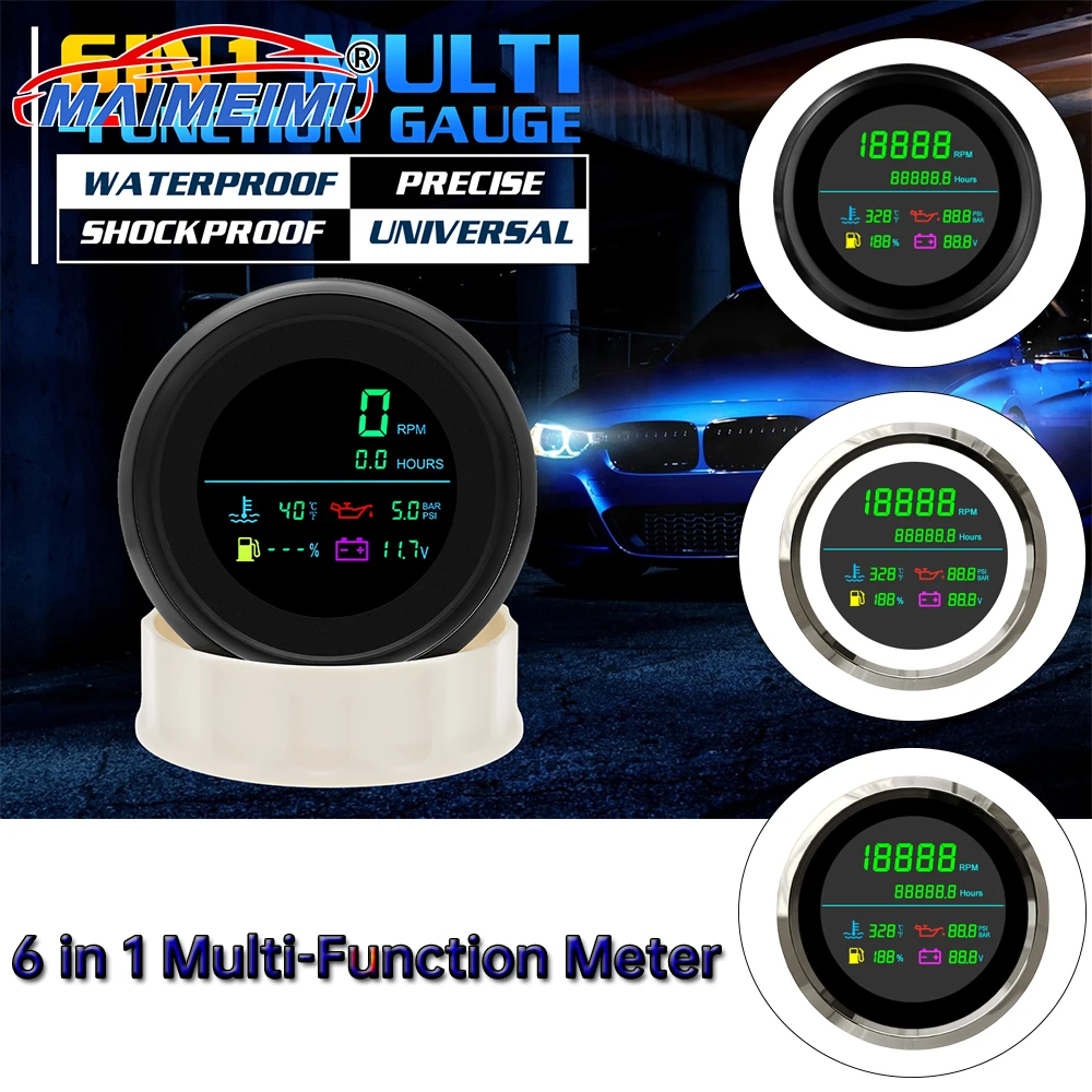 Tacómetro multifunción 6 en 1 de 85 mm y 12 V para coche y barco