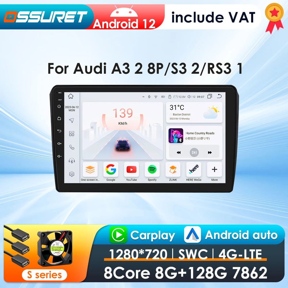 Radio 2DIN OSSURET con CarPlay y Android Auto para Audi A3 8P