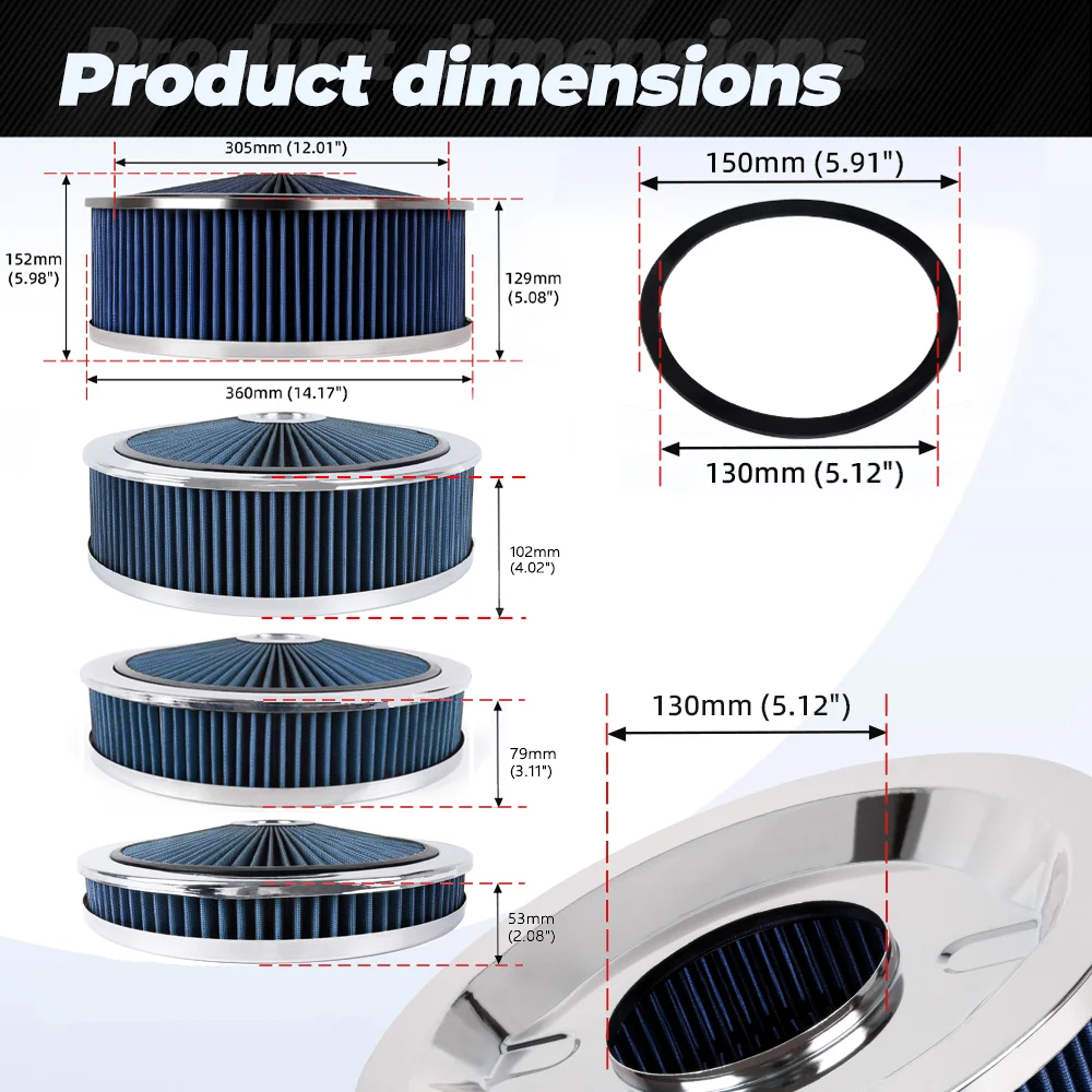 Filtro de aire deportivo cromado OFI178 con cuello 5-1/8" - imagen 2