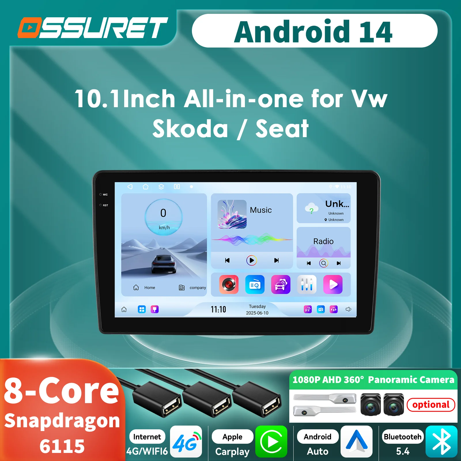 Radio Android 14 con CarPlay para VW Golf 5, Passat y Seat León