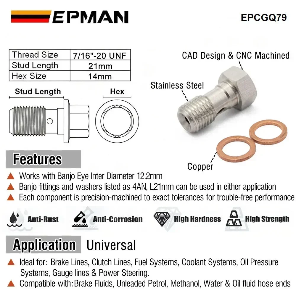 Perno banjo EPMAN 7/16 UNF acero inoxidable para líneas de freno - imagen 4