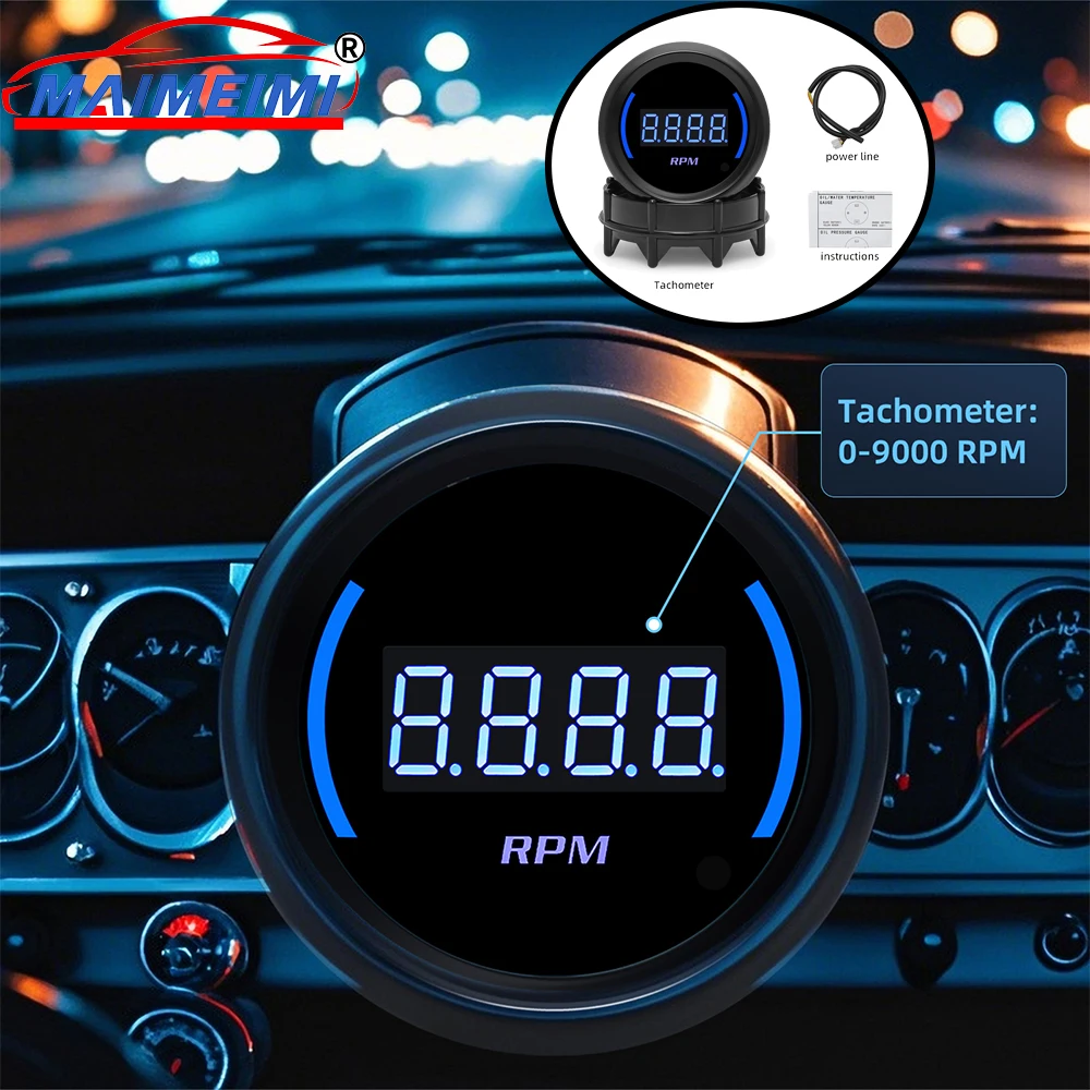Tacómetro 52 mm 0-9000 rpm con LED azul 12 V para 1-8 cilindros