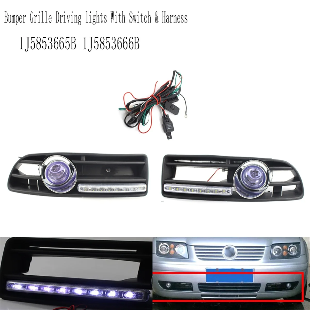 Kit luces de conducción VW con rejilla, interruptor y arnés - imagen 2