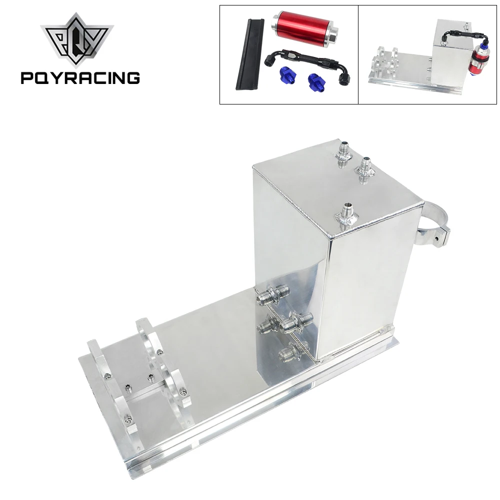 PQY - Tanque de sobretensión de combustible de aluminio de 5L / Accesorios AN pulidos con pila de combustible + Soporte de bomba + Filtro + Manguera PQY-TK45