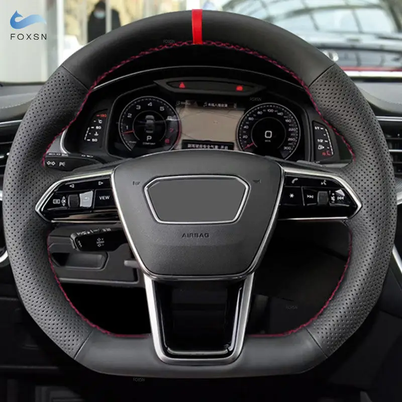 Funda de volante de cuero cosida a mano – Audi A6 C8/A7 4K8, barra roja