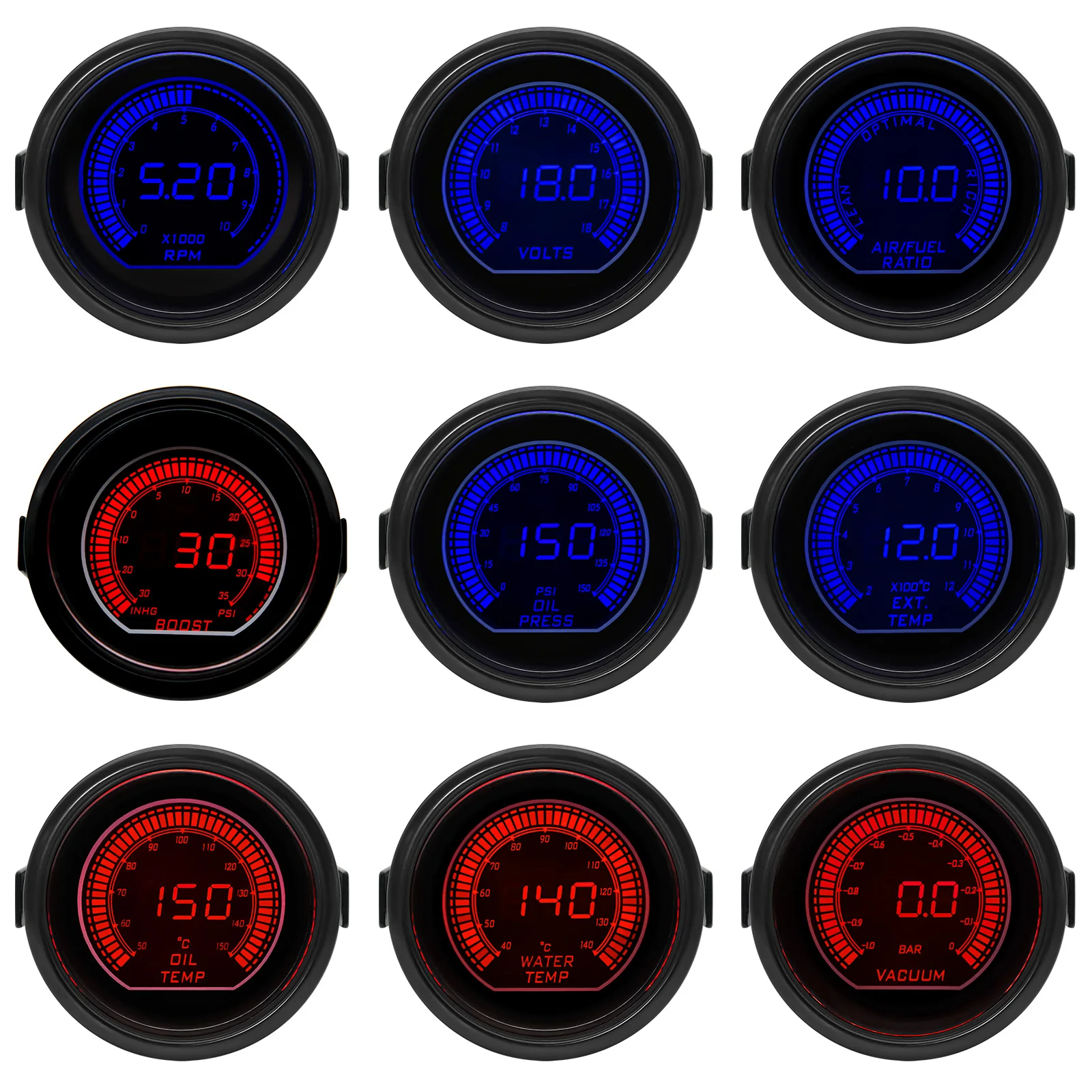 Reloj auxiliar de automóvil con iluminación roja y azul