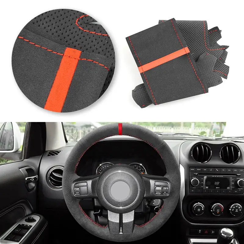 Funda de volante de ante negro y rojo para Jeep Compass 2012-2014