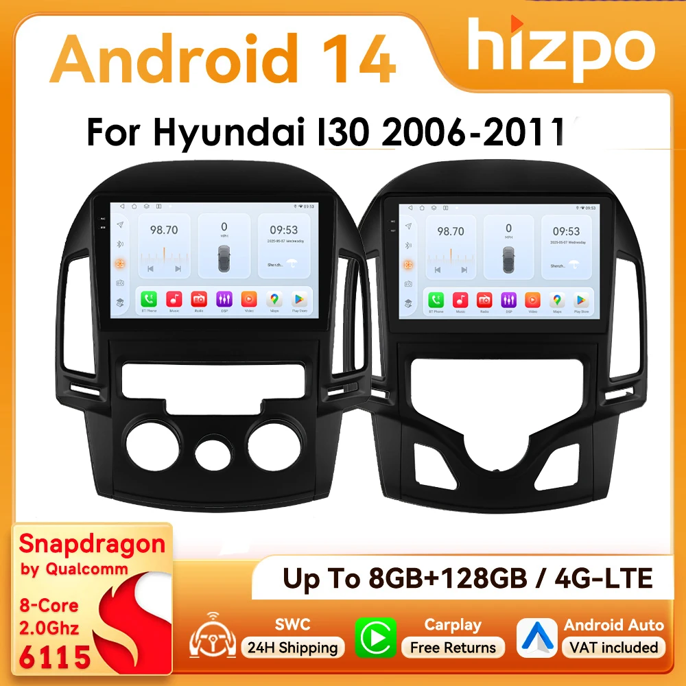 Autoradio Android 14 2-DIN para Hyundai i30 – Pantalla 9″ CarPlay GPS