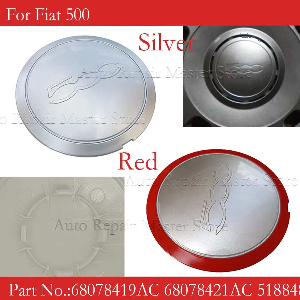 68078419AC tapacubos Fiat 500 cubierta antipolvo plateado/rojo