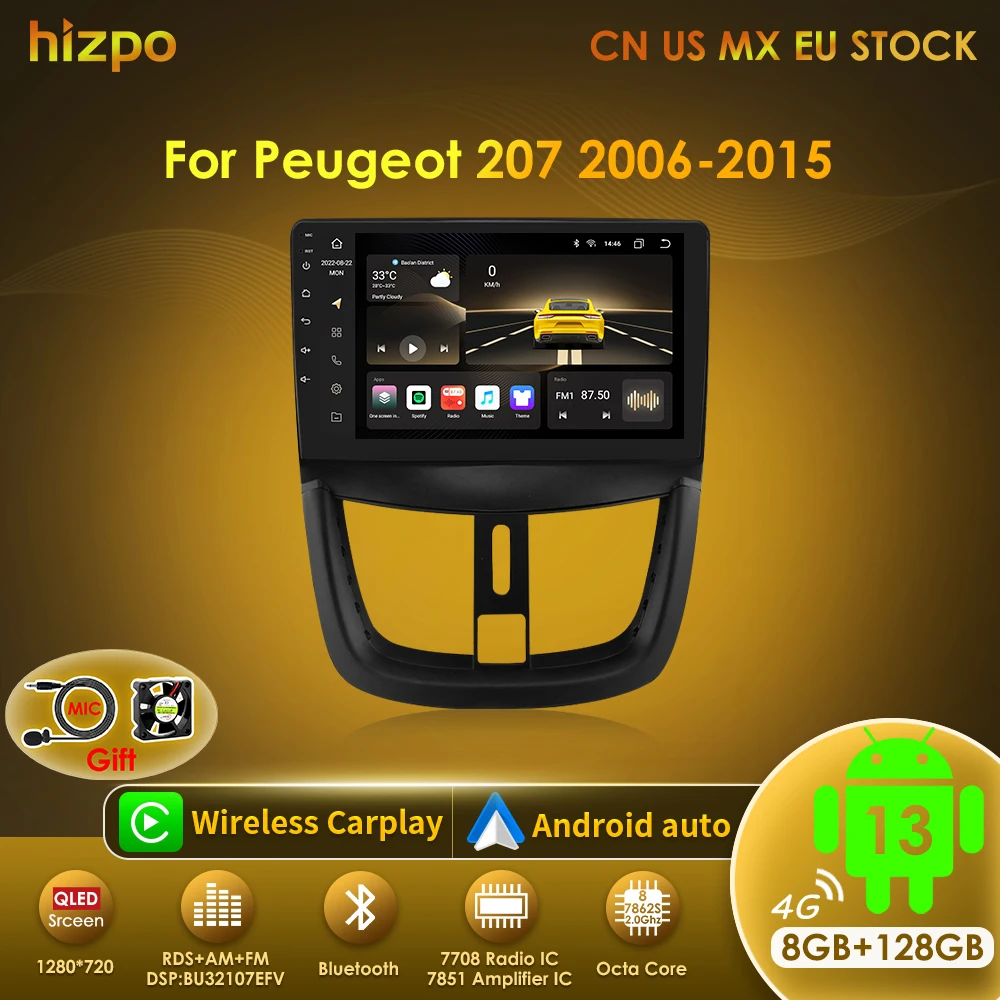 Hizpo Radio Android 14 con GPS para Peugeot 207 y 207 CC 2006-2015