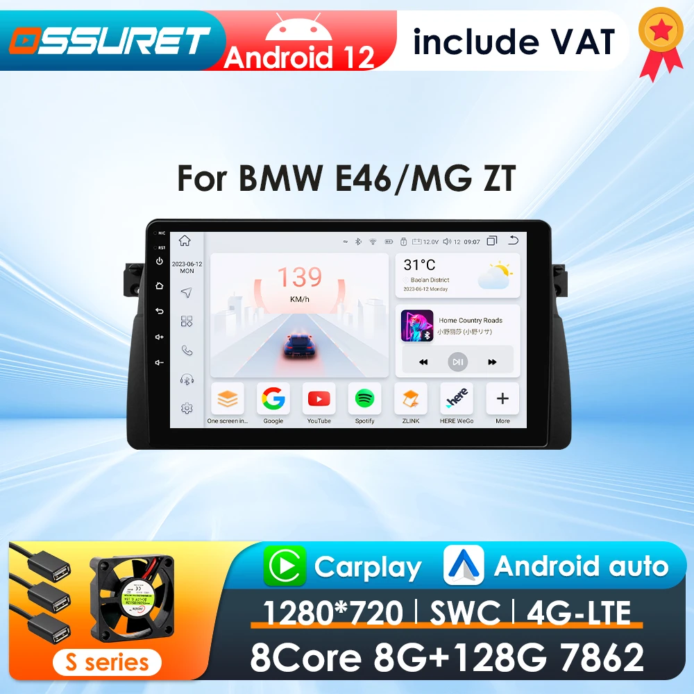 OSSURET CarPlay Android Radio de coche para BMW Serie 3 E46 M3 318 320 325 330 335 1998-2005 Multimedia de coche GPS 2din autoradio 7862