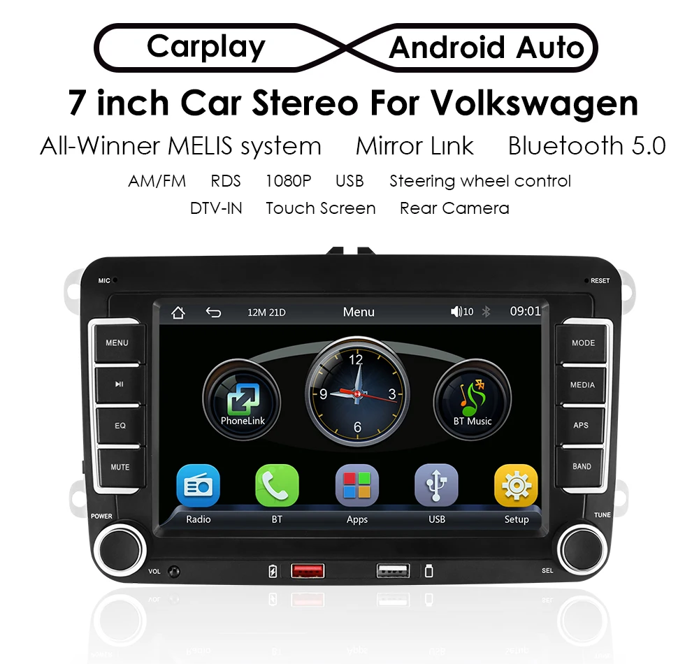 Detalle de la unidad multimedia para vehículos Volkswagen