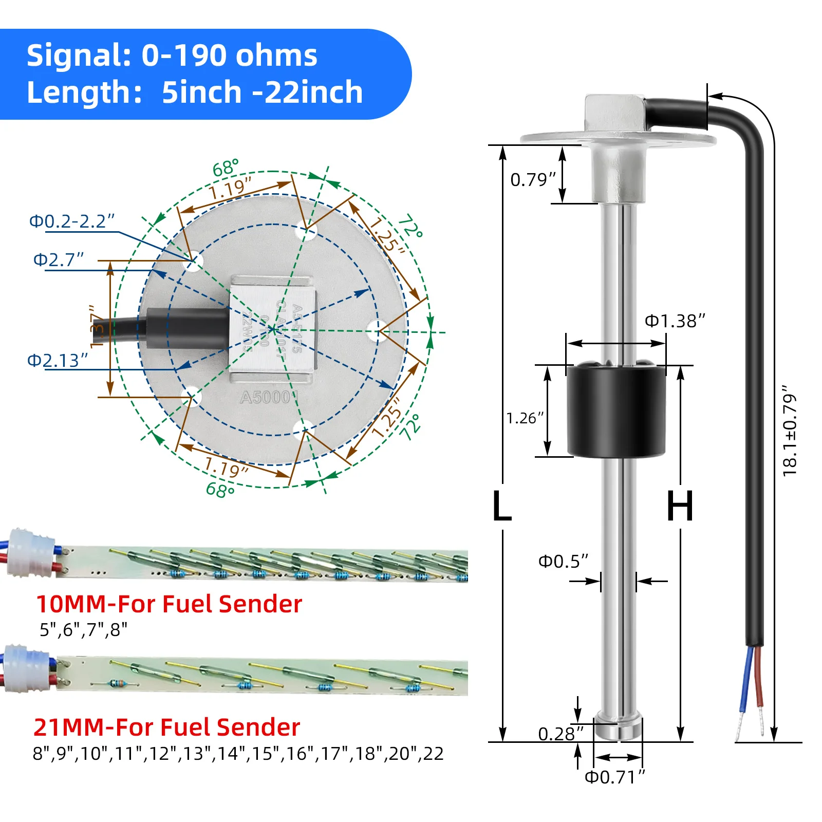 Aforador de combustible 0-190 ohmios acero inoxidable universal - imagen 3