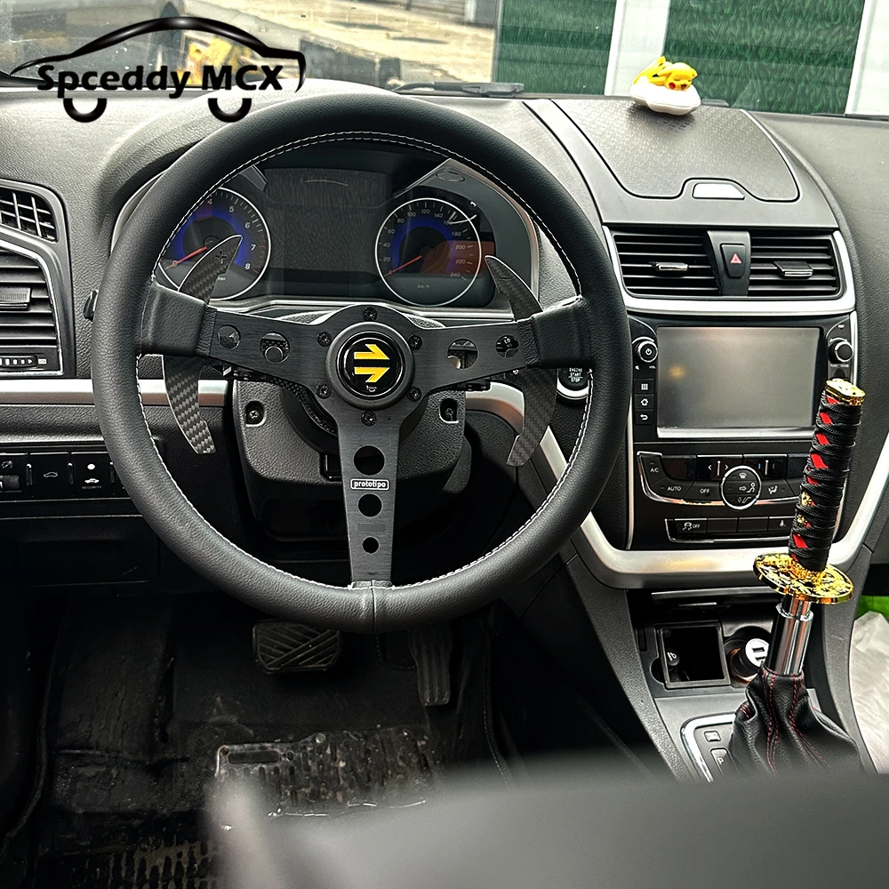 Volante drift universal carreras JDM cuero real soporte negro plateado