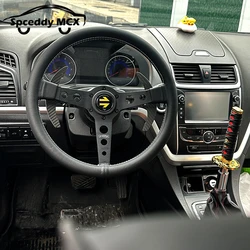 Volante drift universal carreras JDM cuero real soporte negro plateado