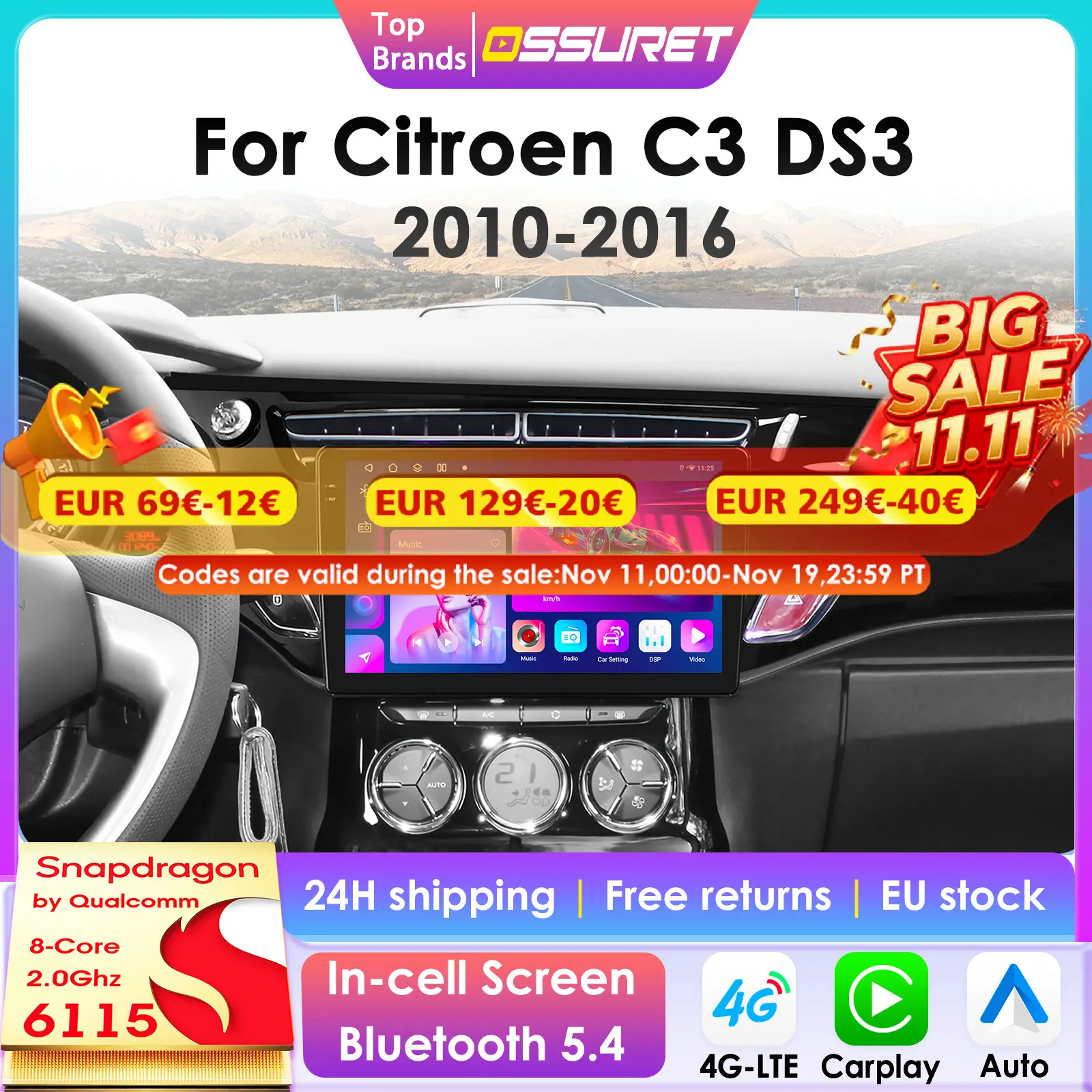 Autorradio 2 DIN Android 13 con CarPlay y cámara para Citroën DS3