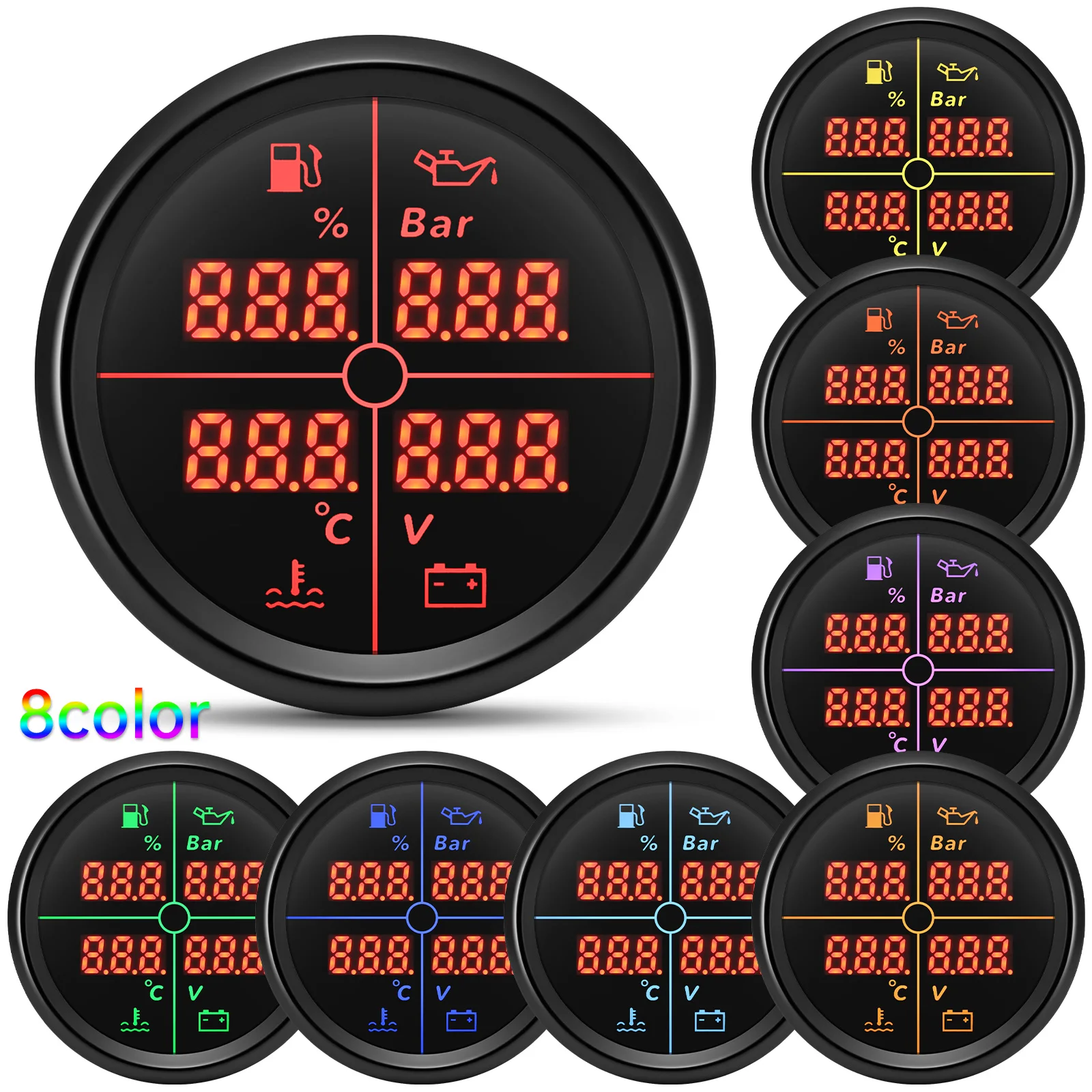 Indicador digital 4 en 1: combustible, aceite, temperatura y voltaje – 8 colores - imagen 2
