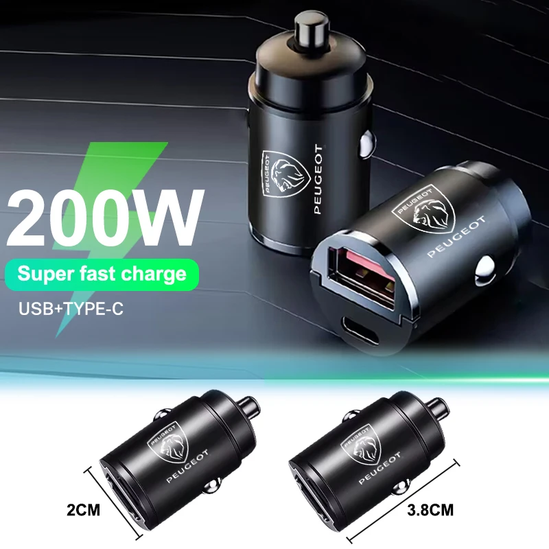 Mini cargador de coche PD de 200W, encendedor de 12-24V, carga rápida, cargador USB tipo C para Xiaomi, Samsung, Huawei, iPhone, Power para Peugeot