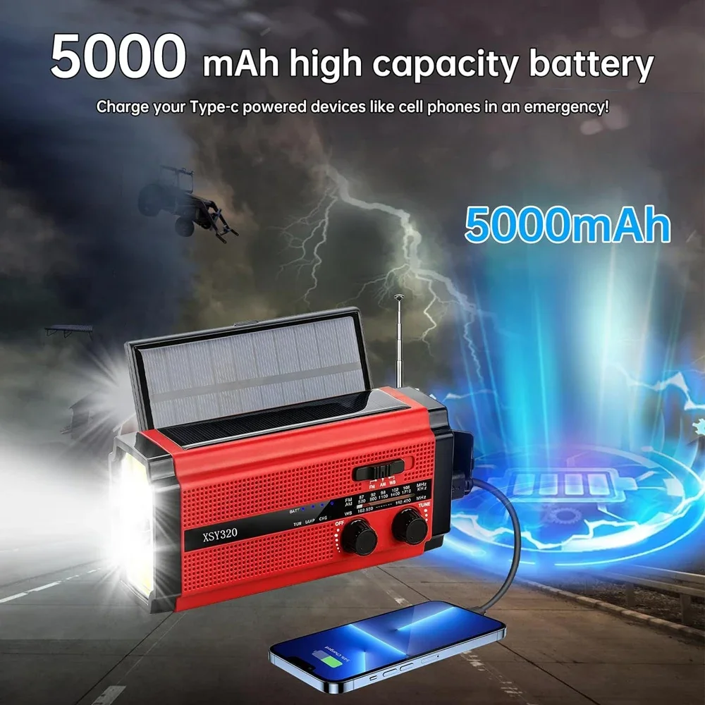 WOOPKER 5000mAh Radio de emergencia FM XSY-320 portátil alimentado a mano Solar recargable impermeable con alarma SOS linterna meteorológica - imagen 5