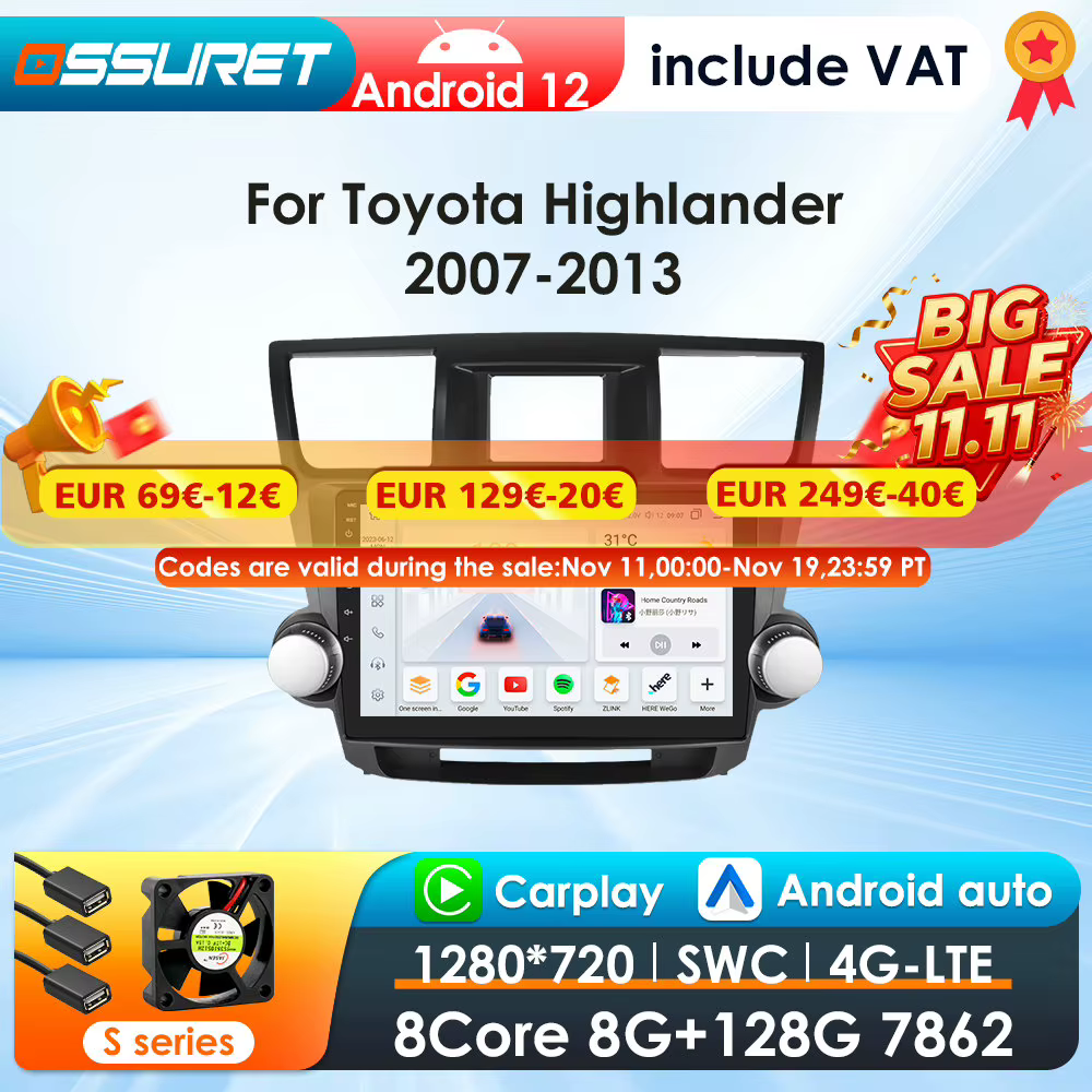Radio Android 2DIN con GPS y CarPlay para Toyota Highlander 2007-2013