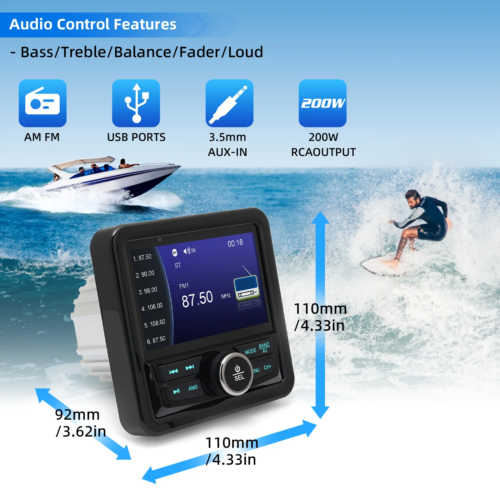 Reproductor de Radio MP5 para barco marino, resistente al agua, compatible con Bluetooth, reproductor de medios digitales, Audio estéreo para RV, ATV, UTV, SPA - imagen 4