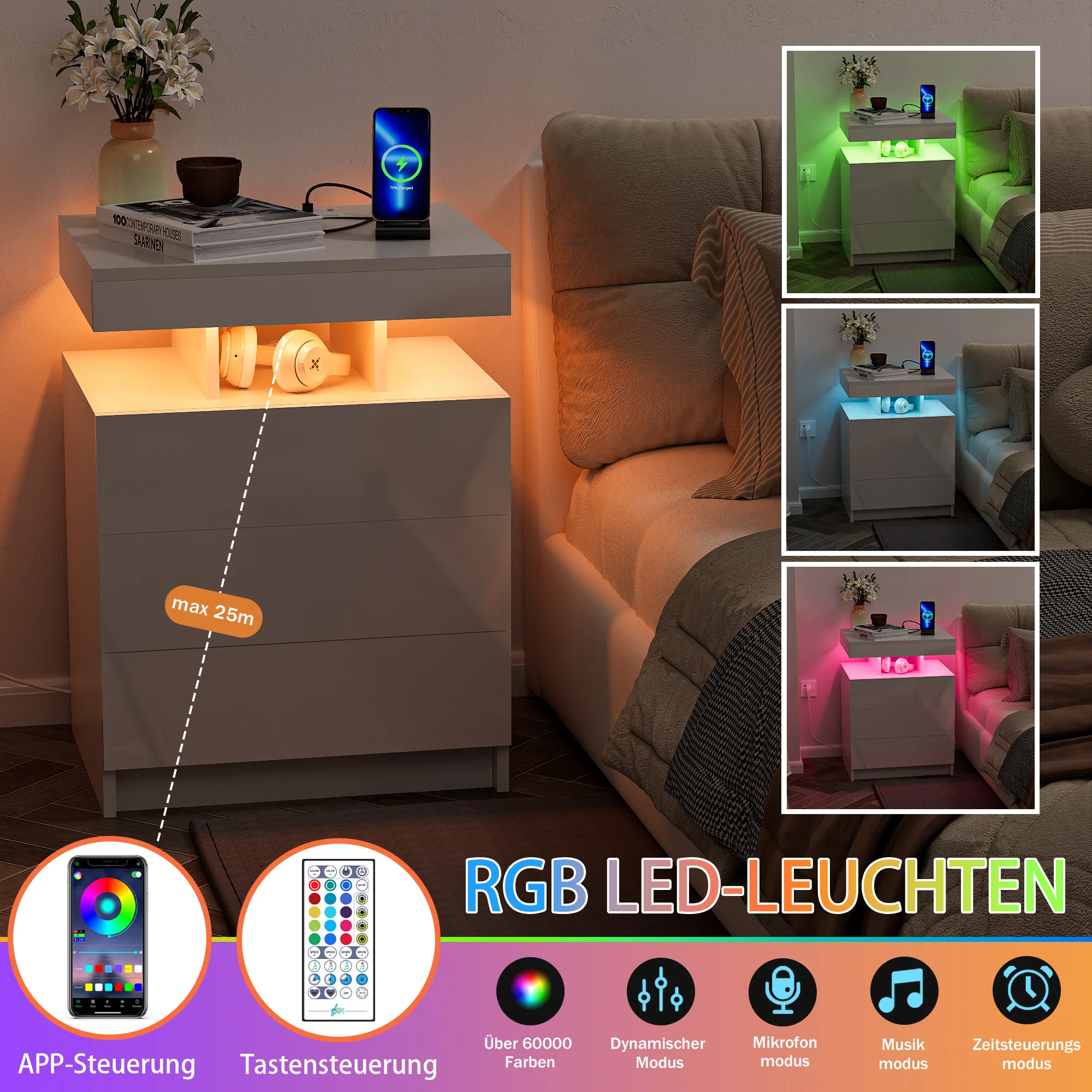 Mesita noche madera con USB y Bluetooth – 3 cajones para dormitorio - imagen 2