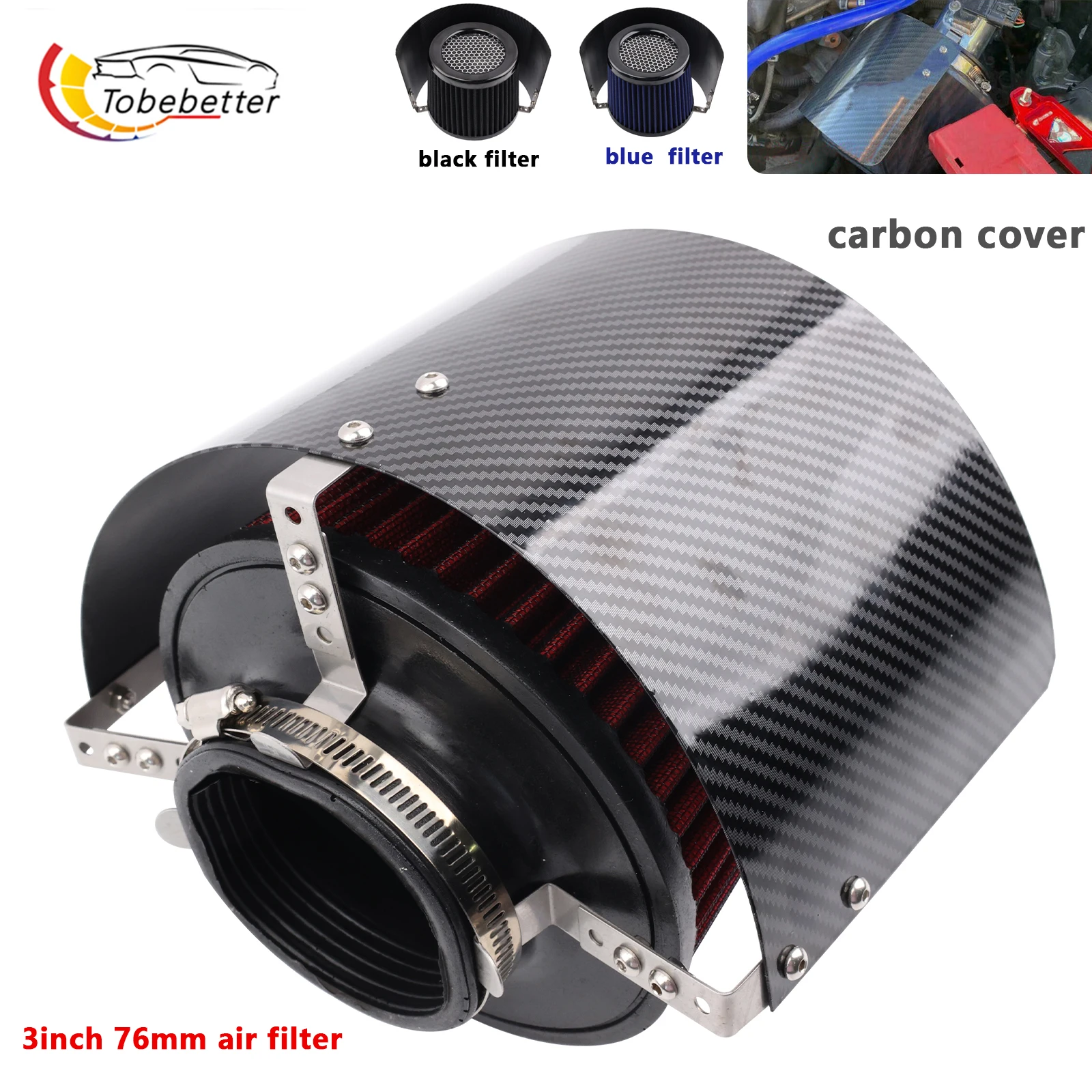 Protector térmico de entrada de aire de acero con cuello de 2,5 ''-5'', kit de filtro de aire cónico de entrada de 3 pulgadas y 76mm con cubierta para accesorios de carreras universales