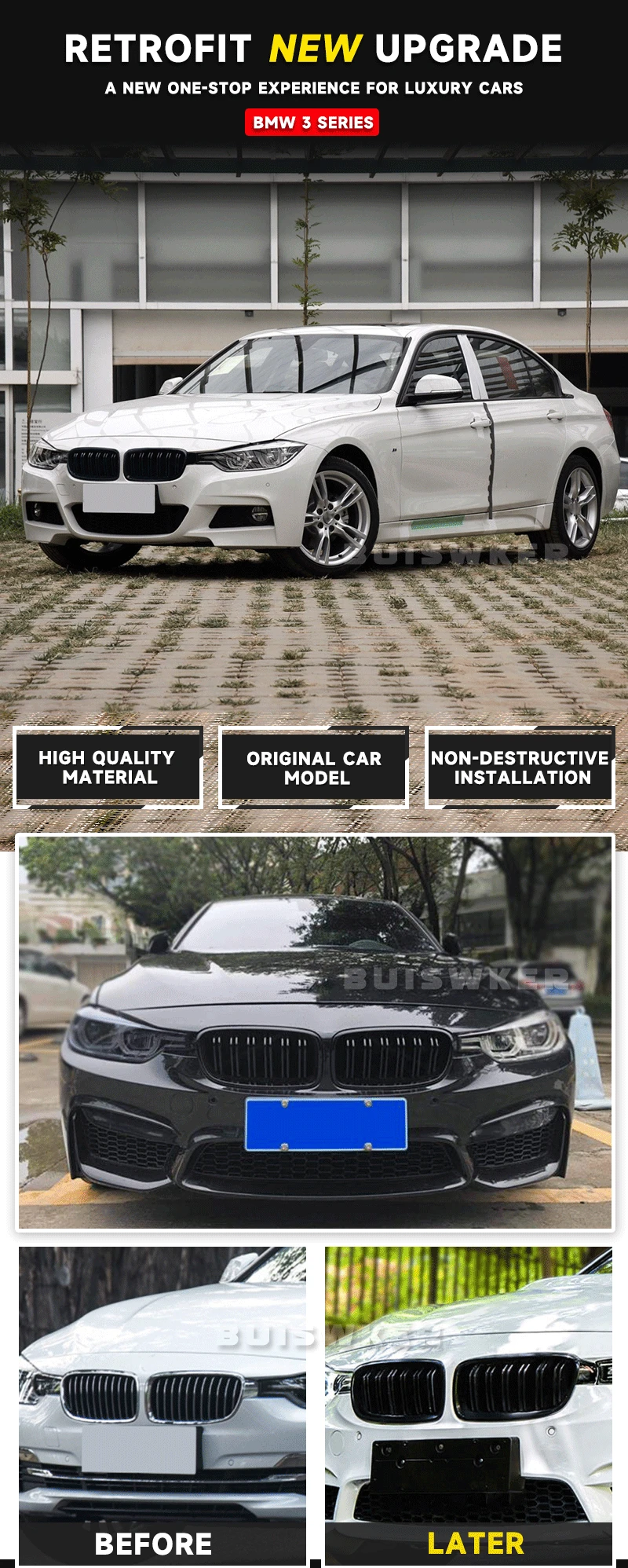 Rejilla delantera negra brillante de doble listón para BMW Serie 3