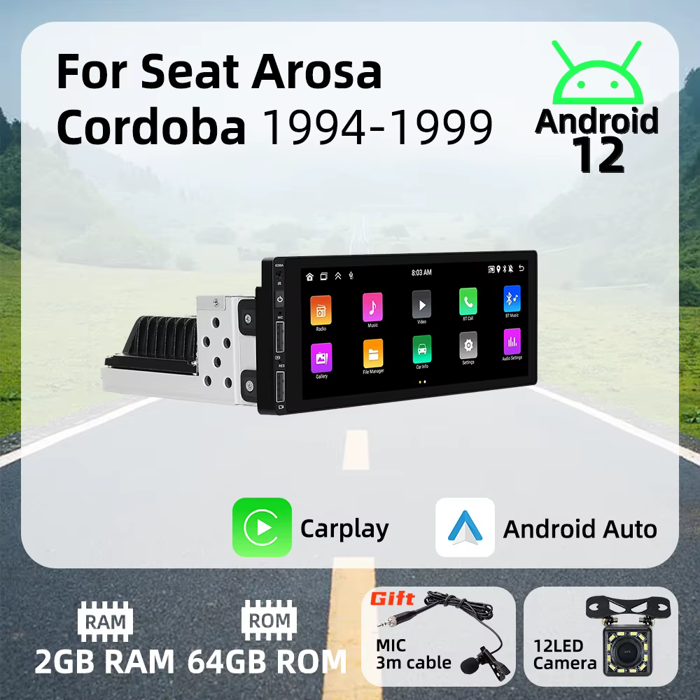 Radio 1 DIN con GPS, Android Auto y CarPlay para Seat Arosa y Córdoba