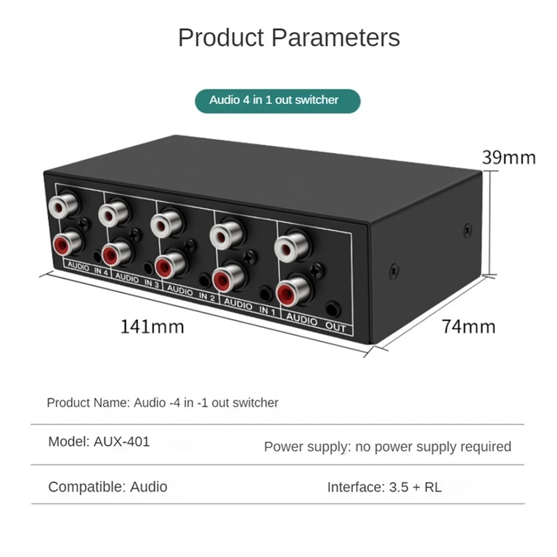 Selector conmutador audio estéreo 4x1 RCA AUX 3.5mm - imagen 2