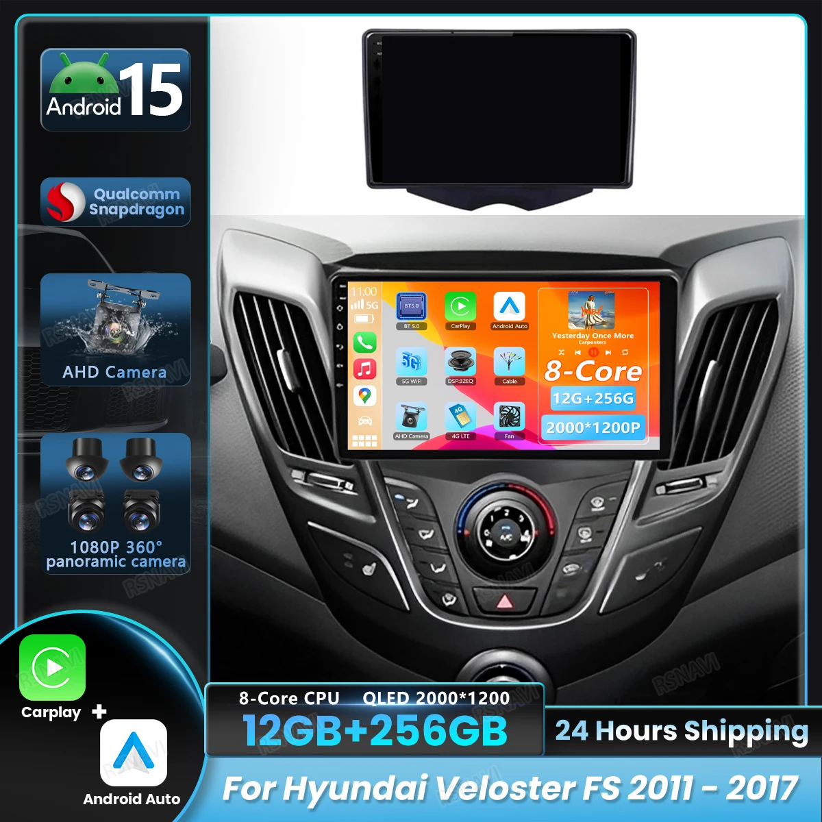 Radio multimedia Android 15 para Hyundai Veloster FS 2011-2017 con CarPlay