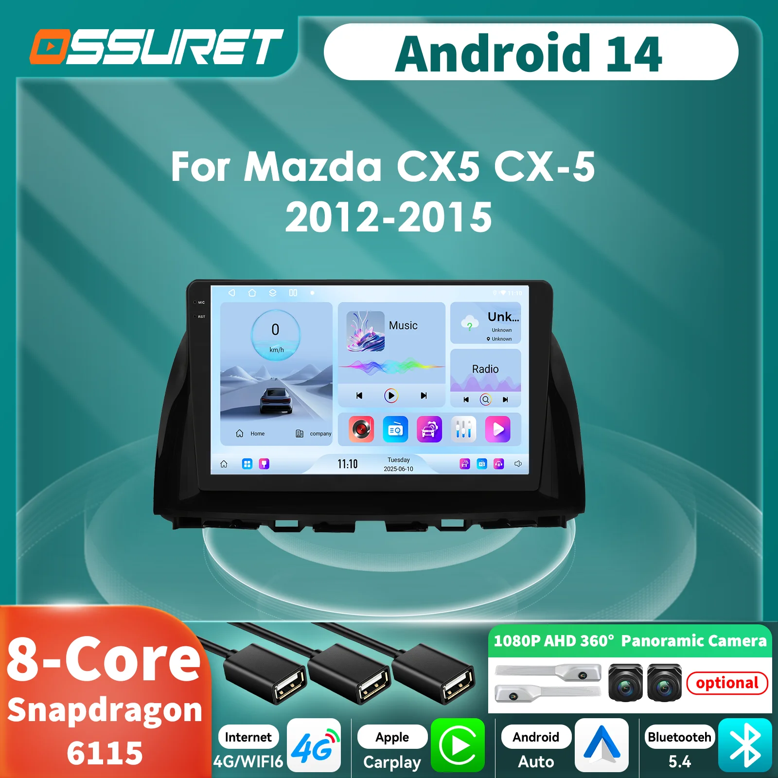 Radio Android Auto para Mazda CX-5 2012-2015 con CarPlay y cámara 360