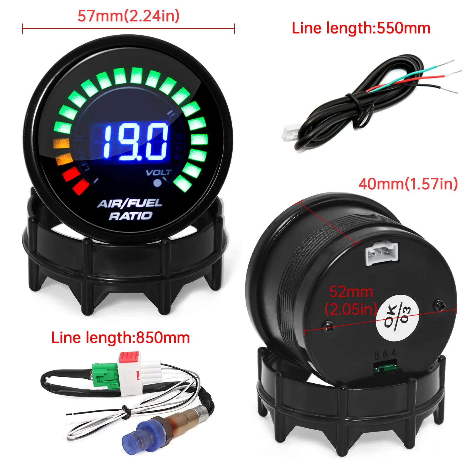 Medidor AFR 52 mm con sonda lambda banda estrecha racing 12 V - imagen 2
