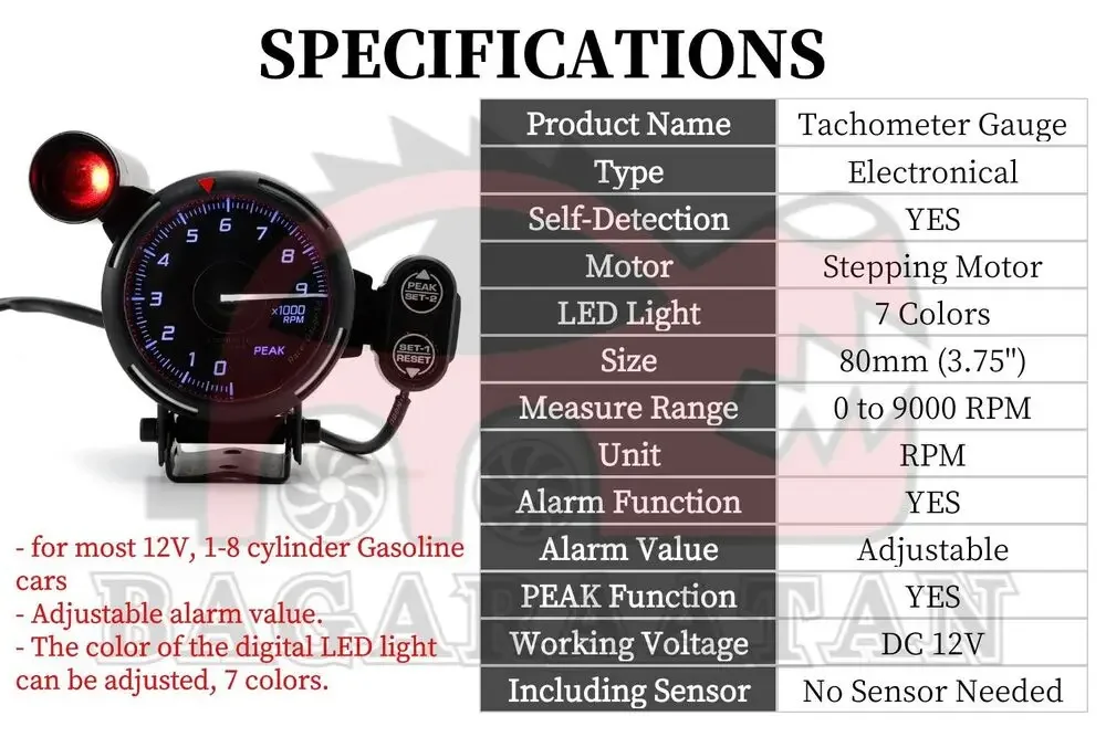 Tacómetro LED 7 colores 3.75" 0-9000 RPM con luz de cambios – 12V - imagen 2