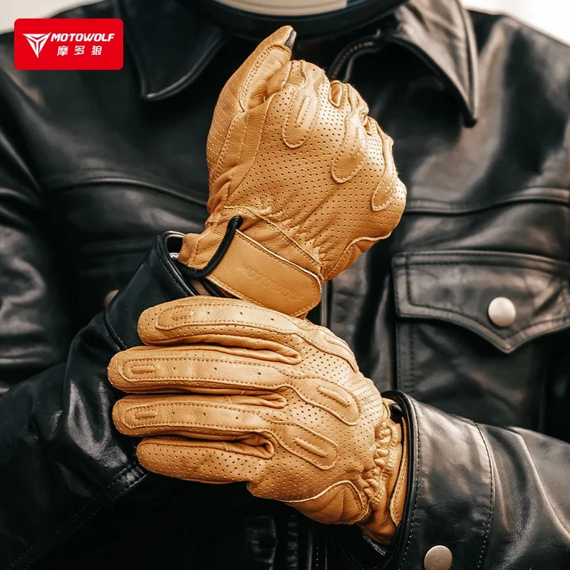 Guantes de moto de cuero perforado y táctiles para verano - imagen 3