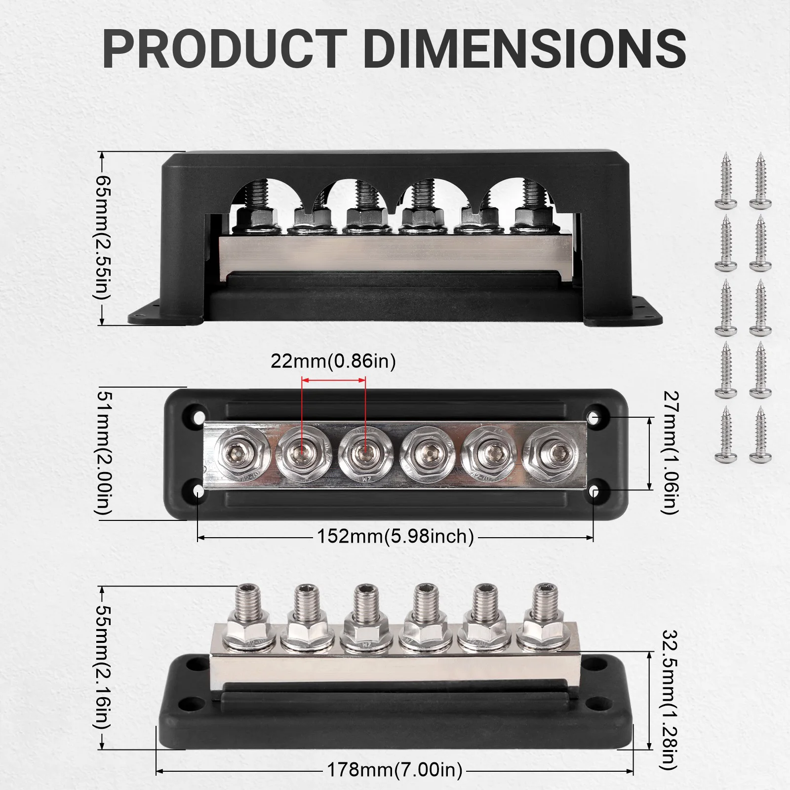 Bloque de distribución eléctrica 600 A, 6 vías M10, 12-48 V