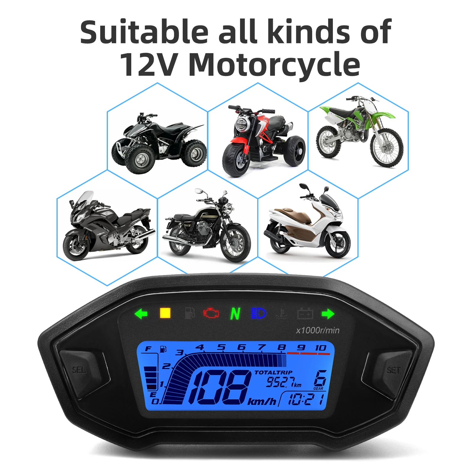 Universal para motocicleta 1,2,4 cilindros 10000RPM pantalla LCD velocímetro odómetro tacómetro con Sensor Digital medidor de tablero - imagen 2