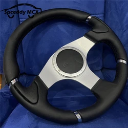 Volante de carreras cuero 350mm con soporte plateado clásico