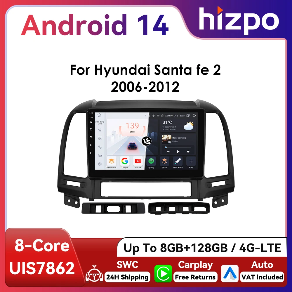Radio multimedia con GPS y CarPlay para Hyundai Santa Fe 2 2006-2012